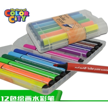 12色塑料硬笔盒 粗子弹头彩笔 三角笔身设计马克笔 无毒环保